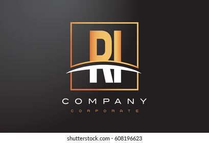 RI R I Golden Letter Logo Design with Swoosh and Rectangle Square Box Vector Design.