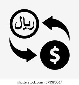 Rial to dollar. Currency convert icon. Isolated on white background. Flat vector illustration
