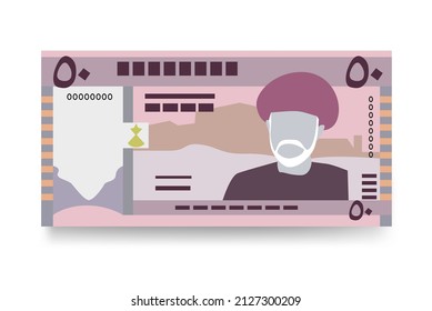 Rial Omani Vector Illustration. Oman money set bundle banknotes. Paper money 50 OMR. Flat style. Isolated on white background. Simple minimal design.