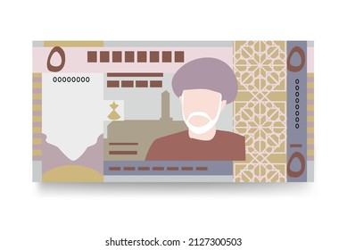 Rial Omani Vector Illustration. Oman money set bundle banknotes. Paper money 5 OMR. Flat style. Isolated on white background. Simple minimal design.