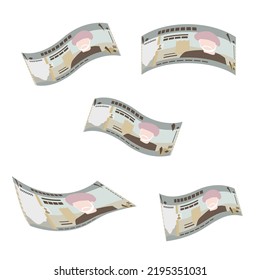 Rial Omani Vector Illustration. Oman money set bundle banknotes. Falling, flying money 10 OMR. Flat style. Isolated on white background. Simple minimal design.