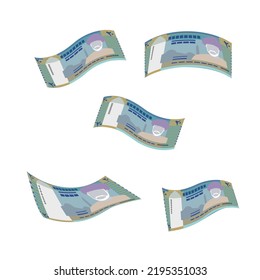 Rial Omani Vector Illustration. Oman money set bundle banknotes. Falling, flying money 20 OMR. Flat style. Isolated on white background. Simple minimal design.