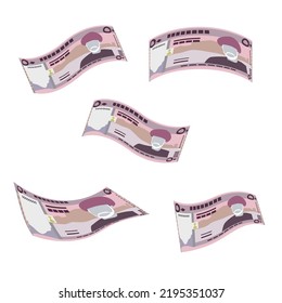 Rial Omani Vector Illustration. Oman money set bundle banknotes. Falling, flying money 50 OMR. Flat style. Isolated on white background. Simple minimal design.