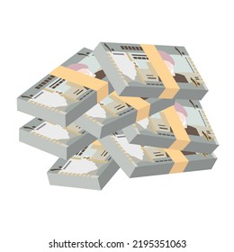 Ilustración del vector Omani de Rial. El dinero de Omán puso billetes en paquete. Dinero en papel 10 OMR. Estilo plano. Aislado sobre fondo blanco. Diseño sencillo y mínimo.