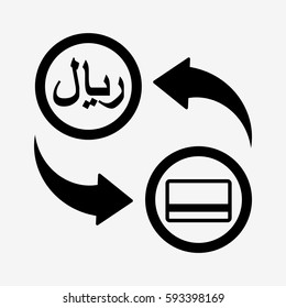 Rial transfer to card. Currency convert icon. Isolated on white background. Flat vector illustration