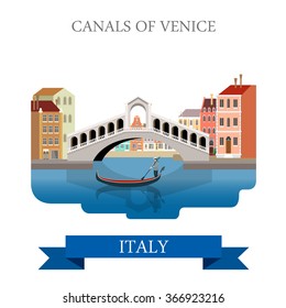 Rialto Bridge Canals of Venice in Italy. Flat cartoon style gondola historic sight showplace attraction web vector illustration template. World countries cities vacation travel sightseeing collection.