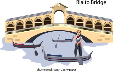 Rialto Bridge in Venice. Gondolier is sailing on a canal in Venice.