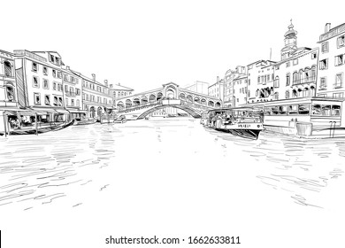 Rialto Bridge. Venice. Italy. Hand Drawn City Sketch. Vector Illustration.