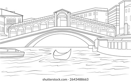 Rialto Bridge in Venice Italy Line Art, Line art illustration of the iconic Rialto Bridge spanning the Grand Canal in Venice, Italy. Features a gondola and other boats on the water with classic