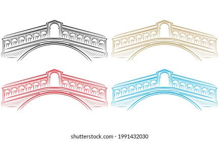 Rialto Bridge In Venice, Italy Vector Outline Illustration. Rialto Bridge At Venice Italy Isolated On A White Background
