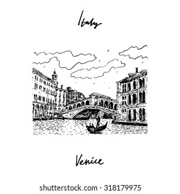 The Rialto Bridge in Venice, Italy. Vector hand drawn sketch.