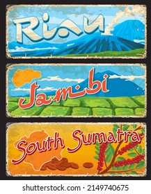 Riau, Jambi and South Sumatra indonesian regions vintage plates and travel stickers. Asian travel destination retro banner or Indonesia province vintage vector tin sign with volcano, coffee plantation