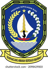 Riau province logo, Riau's coat of arms consists of a shield surrounded by 45 links. Inside the shield is a painting of rice, cotton, ocean waves, a yellow sassy boat, and a dagger.