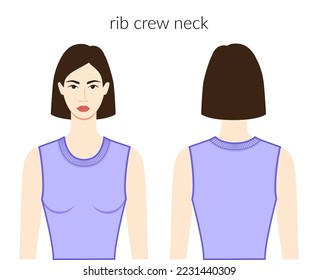 Rib crew neckline knits, sweaters clothes character beautiful lady in lavanda top, shirt, dress technical fashion illustration. Flat apparel template front, back sides. Women, men unisex CAD mockup