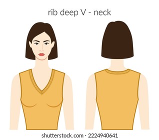 Rib deep V - neckline clothes knits, sweaters character beautiful lady in ochre technical fashion illustration with fitted body. Flat apparel template front, back sides. Women, men unisex CAD mockup