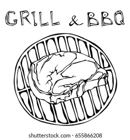 Rib Eye Steak on the Grill for Barbecue. Lettering Grill and BBQ. Isolated On a White Background. Realistic Doodle Cartoon Style Hand Drawn Sketch Vector Illustration.