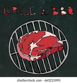 Rib Eye Steak on the Grill for Barbecue. Lettering Grill and BBQ. Realistic Doodle Cartoon Style Hand Drawn Sketch Vector Illustration. Isolated on a Black Chalkboard Background.