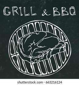 Rib Eye Steak on the Grill for Barbecue. Lettering Grill and BBQ. Realistic Doodle Cartoon Style Hand Drawn Sketch Vector Illustration. Isolated on a Black Chalkboard Background.