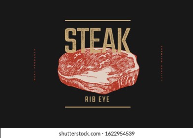 Rib eye steak vector illustration. Hand-drawn slice of meat tenderloin on black background. Concept of fresh farm products. Design element for menu, flyer, poster of butcher shop, market, restaurant.