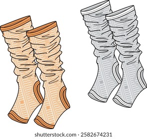 Rib leg warmers vector design mockup template technical flat drawing.