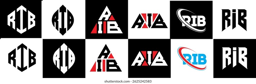 RIB letter logo design in six style. RIB polygon, circle, triangle, hexagon, flat and simple style with black and white color variation letter logo set in one artboard. RIB minimalist and classic logo