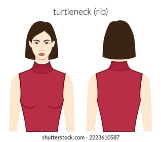 Rib neckline turtleneck clothes knits, sweaters character in burgundy top, shirt, dress technical fashion illustration fitted body. Flat apparel template front, back sides. Women men unisex CAD mockup