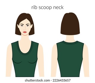 Rib scoop neckline clothes knits, sweaters character beautiful lady in emerald top, dress technical fashion illustration with fitted body. Flat apparel template front, back sides. Women, men unisex