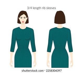 Rib sleeves knit clothes character beautiful lady in esmerald top, shirt, dress technical fashion illustration with 3-4 bracelet length. Flat apparel template front, back. Women, men unisex CAD mockup