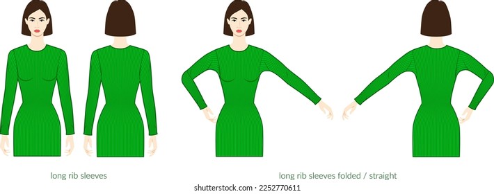 Rib sleeves knit long length clothes character beautiful lady in green top, shirt, dress technical fashion illustration, fitted. Flat apparel template front, back sides. Women, men unisex CAD mockup