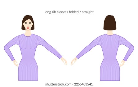 Rib sleeves knit long length clothes character beautiful lady in lavanda top, shirt, dress technical fashion illustration, fitted. Flat apparel template front, back sides. Women, men unisex CAD mockup