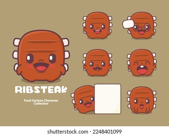 rib steak cartoon. food vector illustration with different expressions