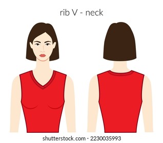 Rib V - neckline clothes knits, sweaters character beautiful lady in red top, shirt, dress technical fashion illustration fitted. Flat apparel template front, back sides. Women, men unisex CAD mockup