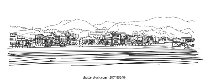 Ribadesella, Asturias, Spain landscape. Small town buildings between the sea and the mountains. Sketch hand drawn black lines ink strokes style vector illustration isolated on white background.