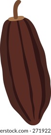 A ribbed brown cacao pod with a short stem depicted in profile.