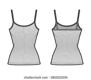 Ribbed camisole technical fashion illustration with scoop neck, fitted knit body, tunic length. Flat outwear basic tank apparel template front, back white color. Women men unisex shirt top CAD mockup