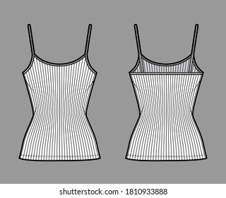 Ribbed camisole technical fashion illustration with scoop neck, fitted knit body, tunic length. Flat outwear basic tank apparel template front back white color. Women men unisex shirt top CAD mockup