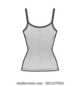 Ribbed camisole technical fashion illustration with scoop neck, fitted knit body, tunic length. Flat outwear basic tank apparel template front white color. Women men unisex shirt top CAD mockup