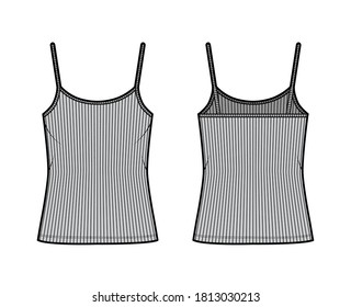 Ribbed camisole technical fashion illustration with scoop neck, oversized knit body, tunic length. Flat outwear basic tank apparel template front back grey color. Women men unisex shirt top CAD mockup