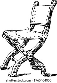 A ribbed chair that is scarcely decorated and is mostly plain, vintage line drawing or engraving illustration.