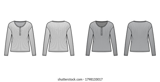 Ribbed classic mens styles cotton-jersey top technical fashion illustration with long sleeves, scoop henley neckline. Flat shirt apparel template front, back, white grey color. Women men unisex knit