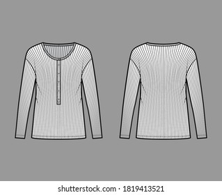Ribbed classic men's styles cotton-jersey top technical fashion illustration with long sleeves, scoop henley neckline. Flat shirt apparel template front, back, white color. Women men unisex knit CAD
