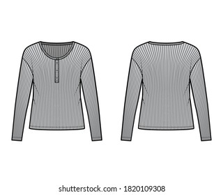 Ribbed classic mens styles cotton-jersey top technical fashion illustration with long sleeves, scoop henley neckline. Flat outwear shirt apparel template front, back grey color. Women men unisex knit