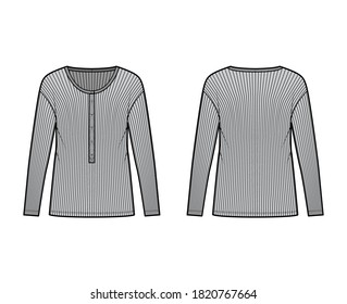 Ribbed classic men's styles cotton-jersey top technical fashion illustration with long sleeves, scoop henley neckline. Flat outwear shirt apparel template front, back grey color. Women men unisex knit
