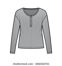Ribbed classic men's styles cotton-jersey top technical fashion illustration with long sleeves, scoop henley neckline. Flat outwear shirt apparel template front, grey color. Women men unisex knit CAD