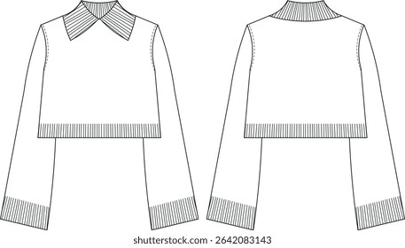 ribbed collared ribbed hem cuff long bell sleeve sloucy loose oversize short cropped crop knitted sweater knitwear template technical drawing flat sketch cad mockup fashion woman design style model 