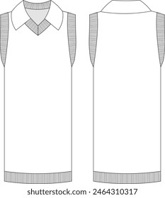 ribbed collared v neck sleeveless short shift dress template technical drawing flat sketch cad mockup fashion woman design style model