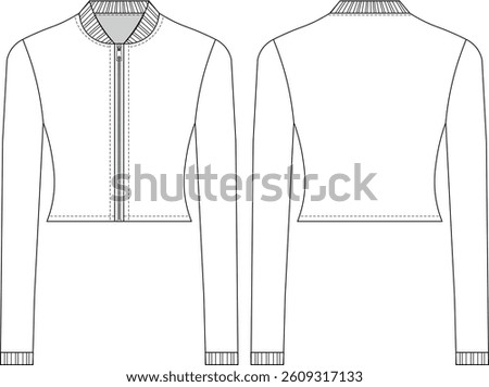ribbed college collared zippered long sleeve ribbed cuff cardigan knitwear sweater template technical drawing flat sketch cad mockup fashion woman design style model 