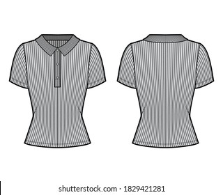 Ribbed cotton-jersey polo shirt technical fashion illustration with short sleeves, buttons along the front, slim fit. Flat top apparel template front, back grey color. Women men unisex knit mockup