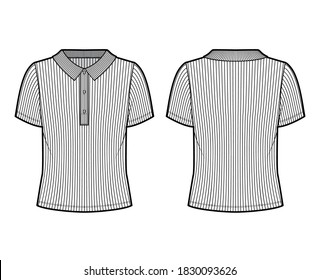 Ribbed cotton-jersey polo shirt technical fashion illustration with short sleeves, buttons along the front, oversized. Flat top apparel template front, back, white color. Women men unisex knit mockup