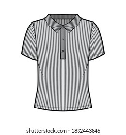 Ribbed cotton-jersey polo shirt technical fashion illustration with short sleeves, buttons along the front, oversized. Flat top apparel template front, grey color. Women men unisex knit CAD mockup